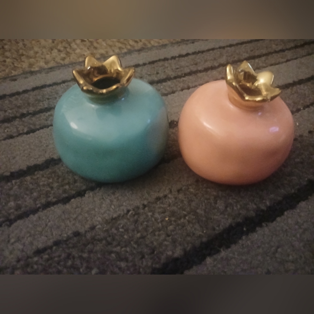 2 Small Elegant Ceramic Vases Room House Decor - Blue and Pink with Gold Accents